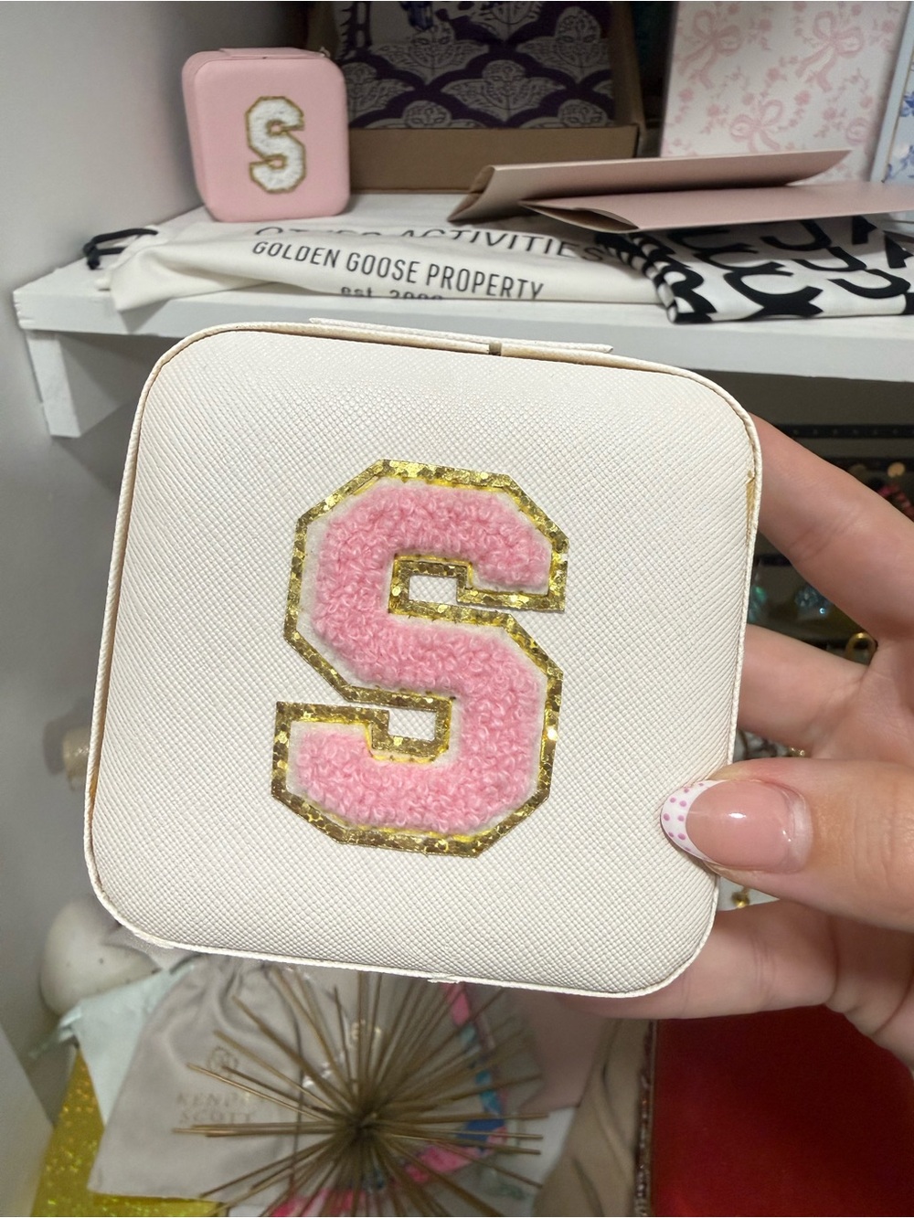 White Jewelry Case with Pink Chenille 'S' and Gold Trim